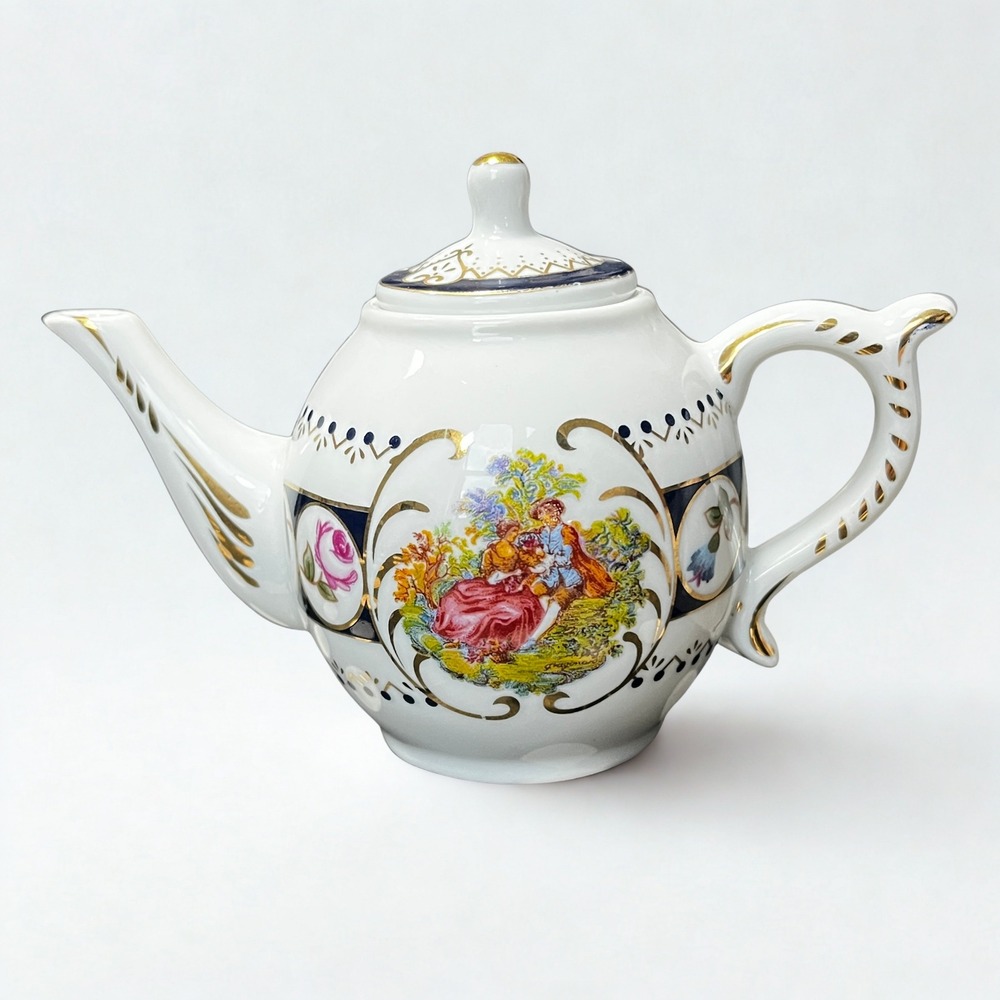 Limoges Teapot Miniature White Cobalt Blue Gold Fragonard Courting Couple 3.75in